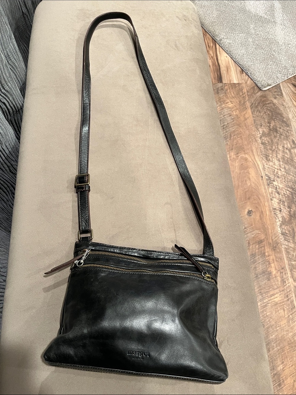 Margot NY Black Leather Crossbody Bag with Dual Zip Pockets